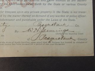 1903 NORTH CAROLINA NON - RESIDENT HUNTING LICENSE,  PASQUOTANK COUNTY,  FIRST ISSUED 4