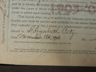 1903 NORTH CAROLINA NON - RESIDENT HUNTING LICENSE,  PASQUOTANK COUNTY,  FIRST ISSUED 5