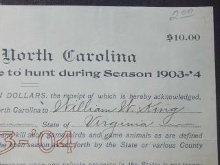 1903 NORTH CAROLINA NON - RESIDENT HUNTING LICENSE,  PASQUOTANK COUNTY,  FIRST ISSUED 7