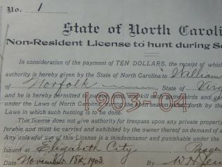 1903 NORTH CAROLINA NON - RESIDENT HUNTING LICENSE,  PASQUOTANK COUNTY,  FIRST ISSUED 8