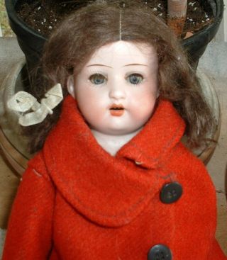 Antique Bisque Head Leather Body Our Pet Doll From Germany 275 W/ Red Wool Coat