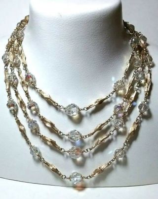 Vintage Vendome Signed Large 4 Strand Crystal Ball Gold Tone Bib Necklace