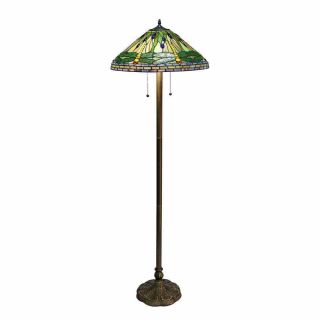 Tiffany Floor Lamp Light Stained Glass Green Dragonfly Shade Vintage Bronze