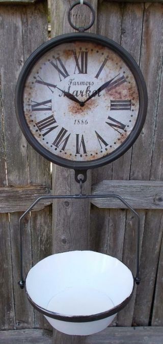 Farmers Market Clock With Hanging Fruit Basket Vintage Scale Design Farmhouse