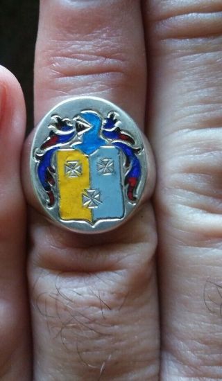 Old Rare Vintage Enameled Family Crest Insignia Sterling Silver Ring Size 10