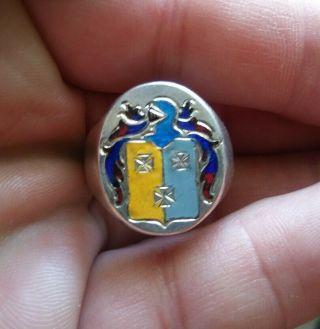 Old Rare Vintage Enameled Family Crest Insignia Sterling Silver Ring Size 10 2