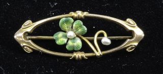 14k Enamel Art Nouveau Seed Pearl Four Leaf Clover Shamrock Good Luck Pin Brooch