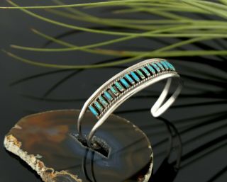 Vtg Sterling Silver Zuni Needlepoint Turquoise Cuff Bracelet