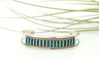 Vtg Sterling Silver Zuni Needlepoint Turquoise Cuff Bracelet 2
