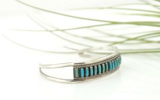 Vtg Sterling Silver Zuni Needlepoint Turquoise Cuff Bracelet 3