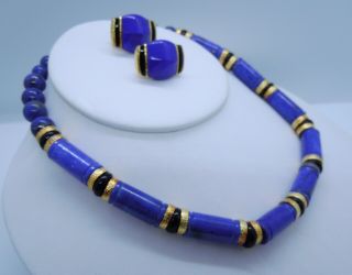 Vintage KYLO Kai Lin Yo Lapis Onyx Necklace Clip Earring Set 2