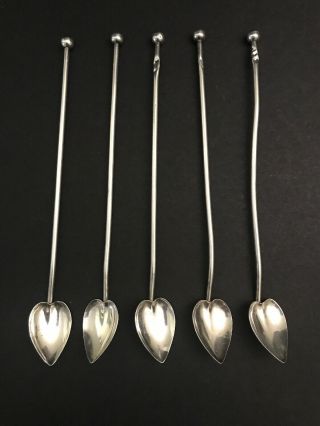 Set Of 5 Vtg Sterling Silver Heart Shaped Ice Tea Julep Spoons Sipper Straw