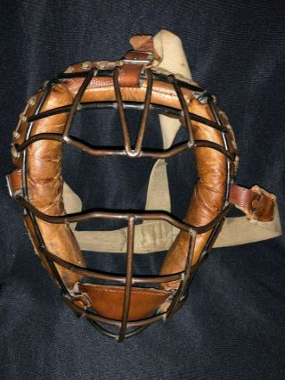 Early Old Antique 1915 Goldsmith Leather Steel Baseball Catchers Goggle Mask Vtg