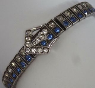 Antique Art Deco Diamonbar Sterling Sapphire Crystal Rhinestone Buckle Bracelet