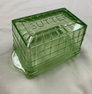Vintage Green Depression Glass 1 Pound Covered Butter Dish