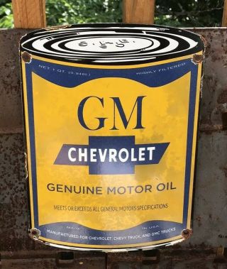 Vintage Chevrolet Gm Porcelain Can Sign Gas Station Pump Plate Motor Oil