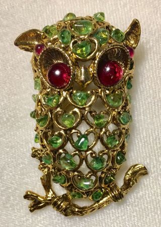 Swoboda Owl Brooch Gems Peridot,  Garnet Darling