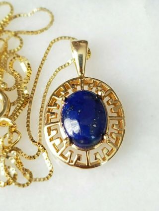 Solid 14k Yellow Gold Vintage Natural Lapis Lazuli Greek Key Pendant Necklace