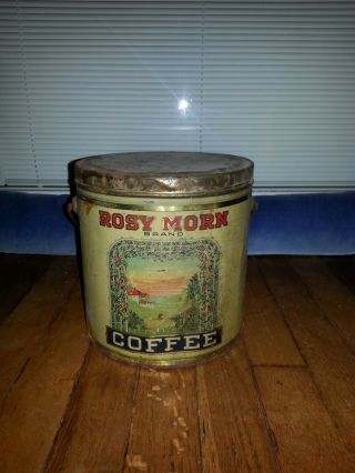 Vintage Rosy Morn Brand Coffee Tin Advertising Collectible 4 Lb Can Pail 180 - V