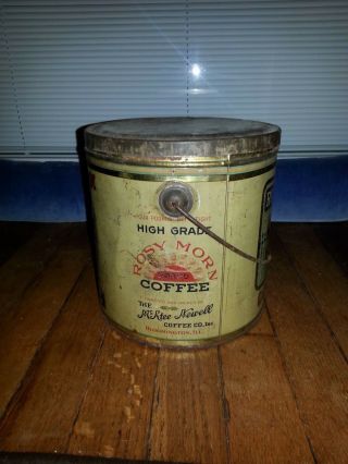 VINTAGE ROSY MORN BRAND COFFEE TIN ADVERTISING COLLECTIBLE 4 LB CAN PAIL 180 - V 2
