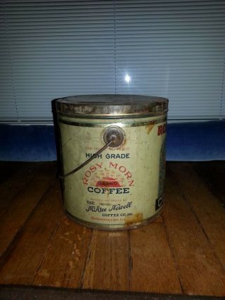 VINTAGE ROSY MORN BRAND COFFEE TIN ADVERTISING COLLECTIBLE 4 LB CAN PAIL 180 - V 4