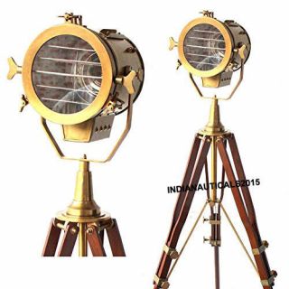 Vintage Brass Nautical Searchlight Floor Lamp Spotlight Wooden Tripod Light.