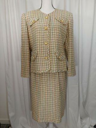 Vintage Leo Narducci Multi - Color Woven Silk Skirt Suit Size 10