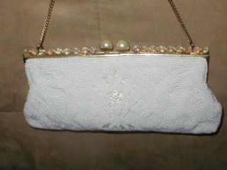 Antique Vintage White Beaded Evening Clutch Purse Made In France