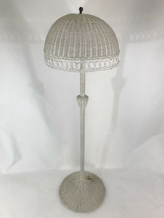Vintage White Wicker Mushroom Dome Shade Floor Lamp 63” Tall Light Mcm