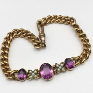 Antique 9ct Rolled Gold Seed Pearl Amethyst Set Curb Link Ladies Bracelet Bangle