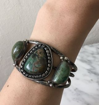 Vintage Native American Green Turquoise Sterling Silver Navajo Cuff Bracelet