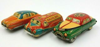 Vintage Set Of 3 Tin Friction Toy Cars From Haji Japan Gas Truck & 2 Tin Cars