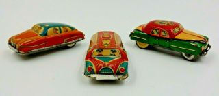 VINTAGE SET OF 3 TIN FRICTION TOY CARS FROM HAJI JAPAN GAS TRUCK & 2 TIN CARS 8