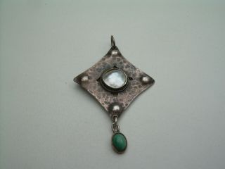 Antique Art Nouveau/Arts Crafts Hammered Silver Pearl & Turquoise Pendant. 2