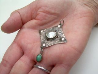 Antique Art Nouveau/Arts Crafts Hammered Silver Pearl & Turquoise Pendant. 3