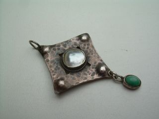 Antique Art Nouveau/Arts Crafts Hammered Silver Pearl & Turquoise Pendant. 4