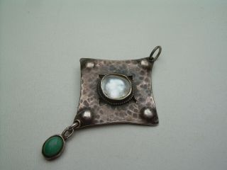Antique Art Nouveau/Arts Crafts Hammered Silver Pearl & Turquoise Pendant. 5