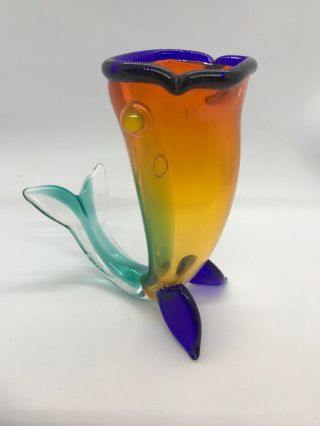 Vintage 1995 Venini Murano Signed Fulvio Bianconi Fish Orange Glass Vase 5.  5 " T