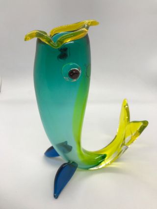 Fab Vtg 1995 Venini Murano Signed Fulvio Bianconi Blue Yellow Fish Glass Vase