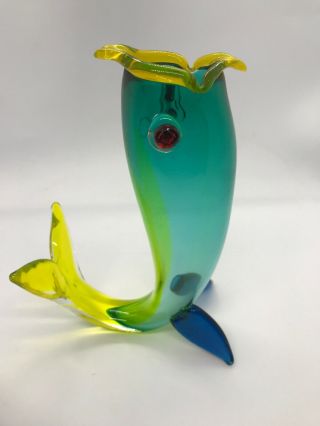 FAB VTG 1995 Venini Murano Signed Fulvio Bianconi Blue Yellow Fish Glass Vase 3