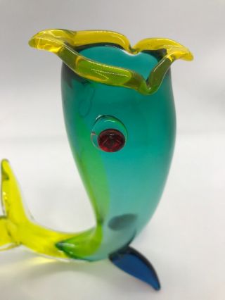 FAB VTG 1995 Venini Murano Signed Fulvio Bianconi Blue Yellow Fish Glass Vase 4