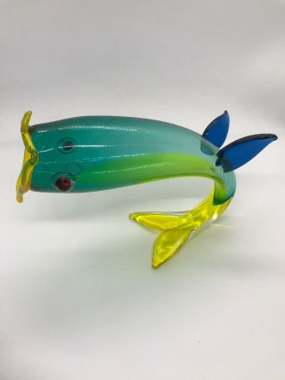 FAB VTG 1995 Venini Murano Signed Fulvio Bianconi Blue Yellow Fish Glass Vase 5