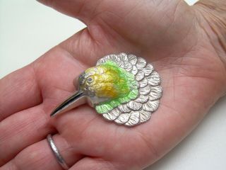 Antique Art Deco Large Silver & Enamel Exotic Bird Of Paradise? Brooch.