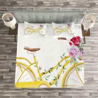 Vintage Quilted Bedspread & Pillow Shams Set,  Bicycle With Flowers Print