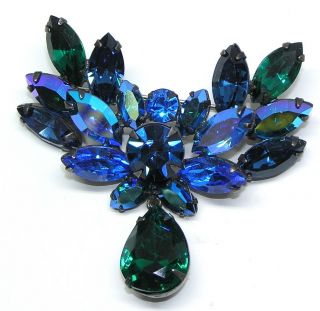 Vintage Regency Brooch Ab Royal Blue Emerald Green Dangle Rhinestone