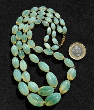Vintage Twin Stranded Necklace Of Pale Green Uranium Vaseline Glass Melon Beads