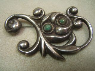 Vintage Sterling Silver Repousse Floral Pin Mexico Turquoise Antonio Castillo