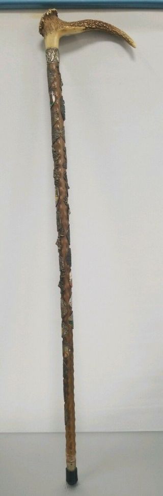 Antique German Stag Antler Handle Carved Hickory Cane Walking Stick W/28 Badges