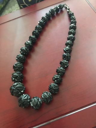 Rare Antique Victorian Whitby Jet Carved Necklace Mourning 17” Large Beads 42g