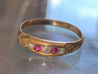 Antique Victorian 9ct Gold Ruby & Diamond Ladies Ring Uk Size R / S